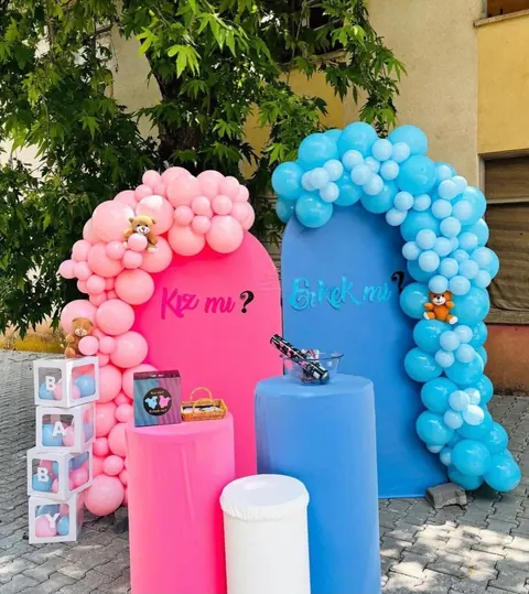 Pembe ve mavi balonlarla kız mı erkek mi cinsiyet partisi süslemesi